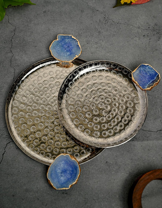 Round Aluminum Tray with Agate Decorative Metal Platter Set of 2 for Serving Cakes Pastries Snacks Breakfast Coffee Party and Dining Table- Blue