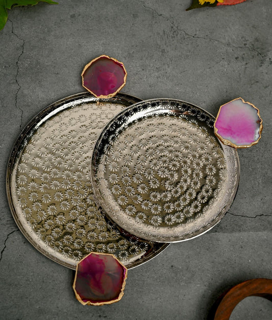 Round Aluminum Tray with Agate Decorative Metal Platter Set of 2 for Serving Cakes Pastries Snacks Breakfast Coffee Party and Dining Table- Pink