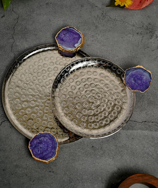 Round Aluminum Tray with Agate Decorative Metal Platter Set of 2 for Serving Cakes Pastries Snacks Breakfast Coffee Party and Dining Table- Purple
