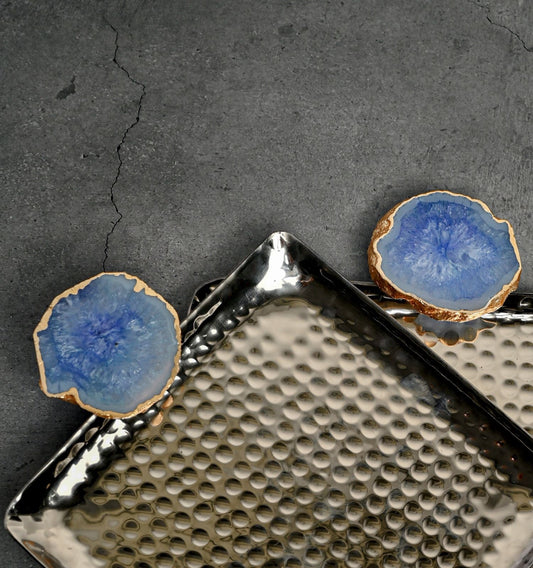 Square Aluminum Tray with Agate Decorative Metal Platter Set of 2 for Serving Cakes Pastries Snacks Breakfast Coffee Party and Dining Table- Blue