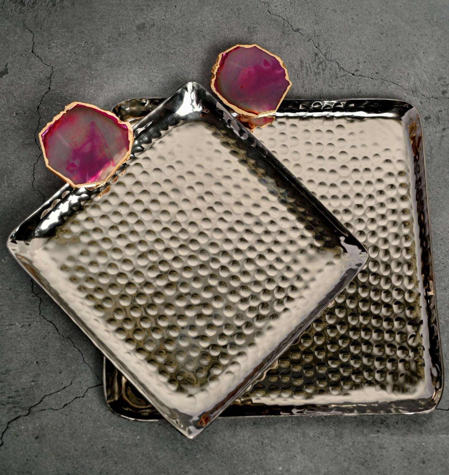 Square Aluminum Tray with Agate Decorative Metal Platter Set of 2 for Serving Cakes Pastries Snacks Breakfast Coffee Party and Dining Table- Pink