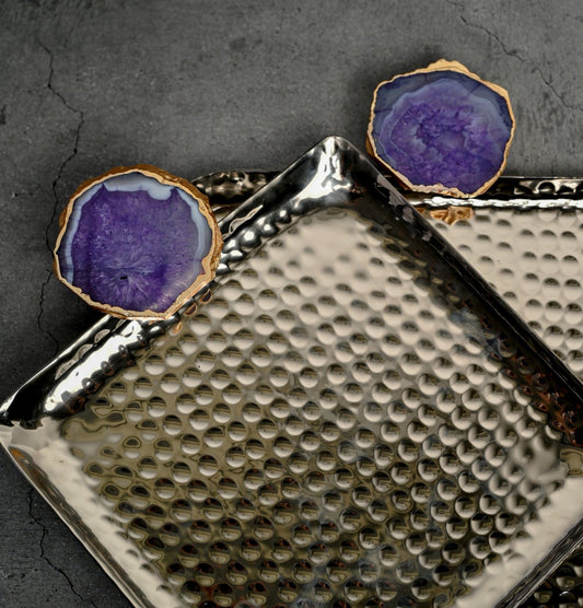 Square Aluminum Tray with Agate Decorative Metal Platter Set of 2 for Serving Cakes Pastries Snacks Breakfast Coffee Party and Dining Table- Purple