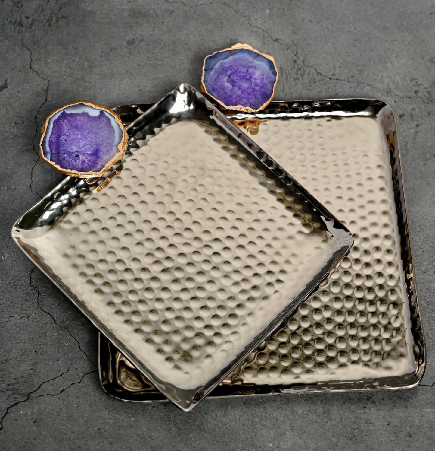 Square Aluminum Tray with Agate Decorative Metal Platter Set of 2 for Serving Cakes Pastries Snacks Breakfast Coffee Party and Dining Table- Purple
