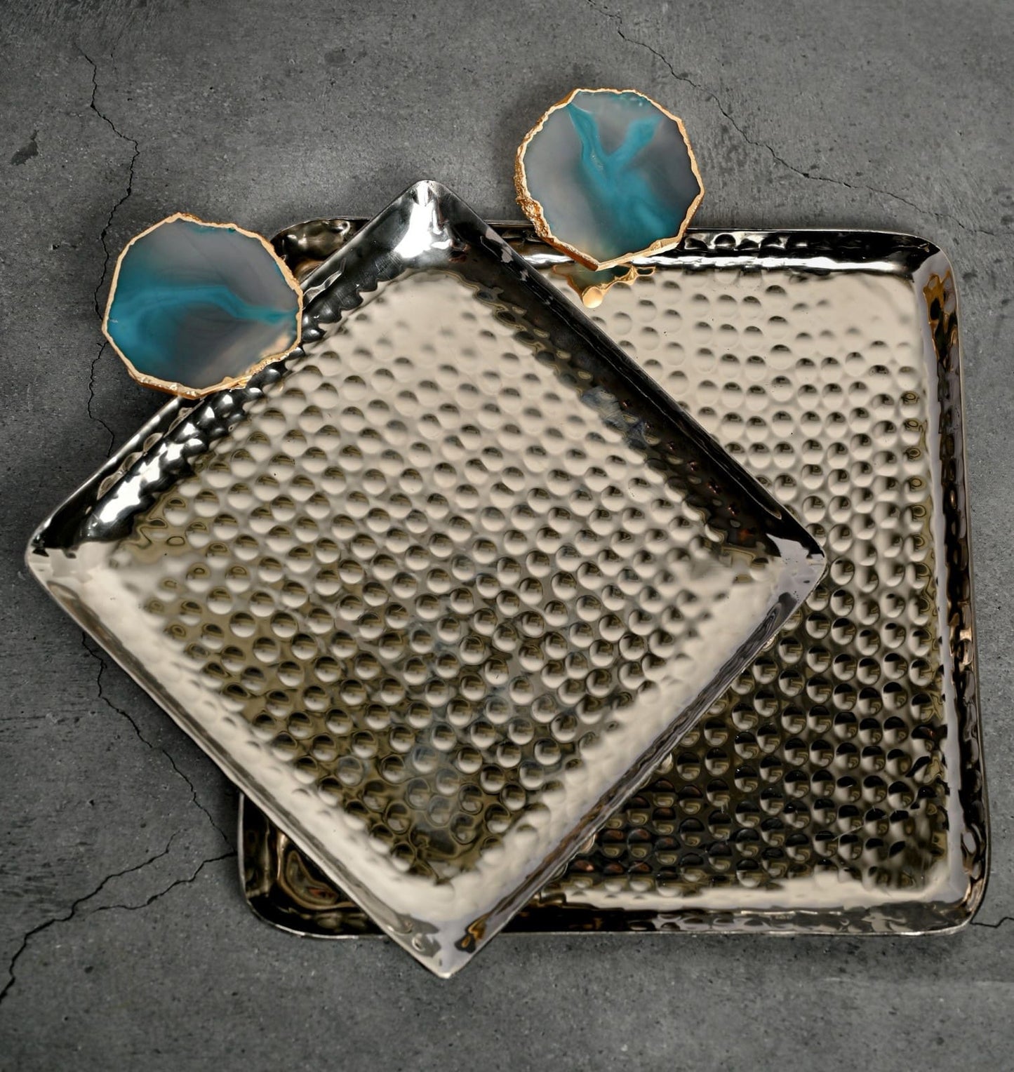 Square Aluminum Tray with Agate Decorative Metal Platter Set of 2 for Serving Cakes Pastries Snacks Breakfast Coffee Party and Dining Table- Turquoise