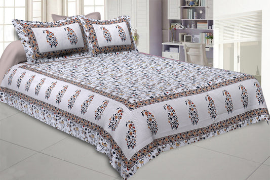 240 TC 100 % Pure Cotton Paisley Floral Ethnic Grey Border Jaipur BedSheet with 2 Pillow Covers