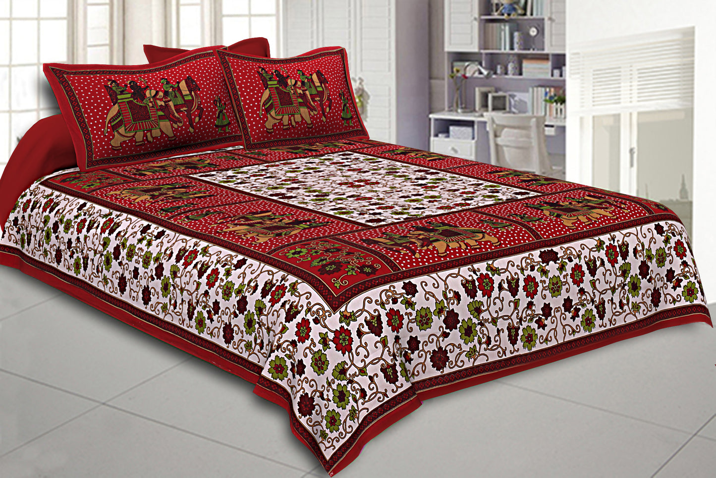 240 TC 100 % Pure Cotton Paisley Floral Ethnic Peach Border Jaipuri BedSheet with 2 Pillow Covers