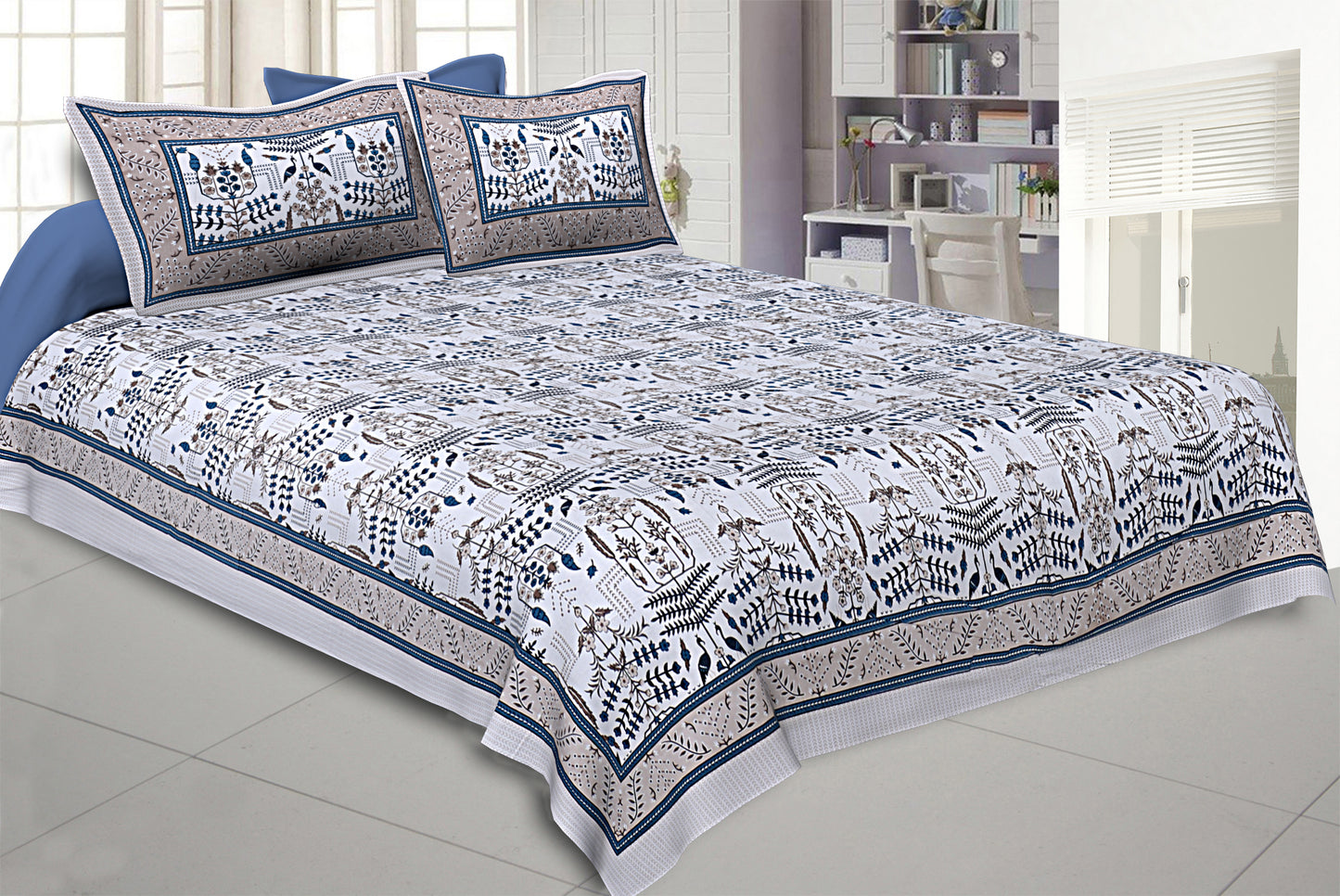 240 TC Cotton Awesome leaves Blue Cream BedSheet with 2 Pillow Covers