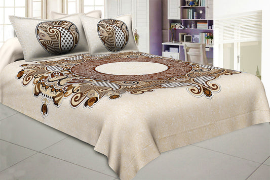 Blue Base Khadi Golden Printed Hand Block Work Silk Bedsheet with 2 Pillow Covers
