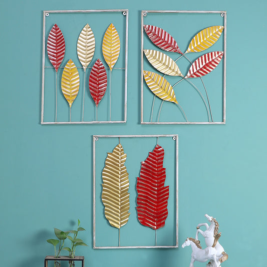Red , Yellow & Gold Rectangular Leaves Wall Decor Set of 3