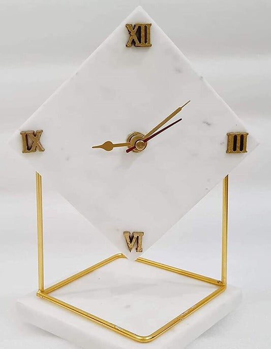 Marble Desktop Clock Aesthetic Table Clock for Home Decor Office Desk Living Room Centre Table Bedroom Study table Ideal for Gifting Diamond - White