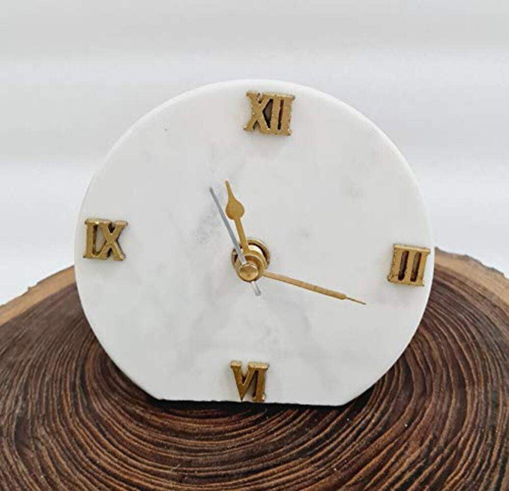 Round Marble Desktop Clock Ideal for Home Office and Gifting Table Clock for Home Decor Shelf Clock for Decoration Perfect For Gifting- White