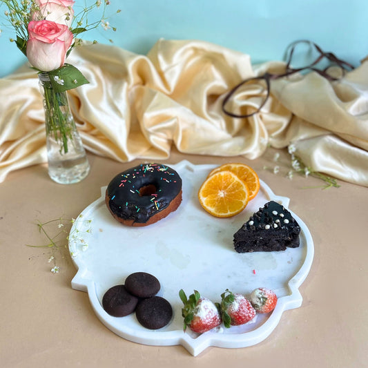 Marble Platter 12 Inches Decorative Floral Shape Platter Fruit Dessert Cup Cake for Birthday Anniversary- White