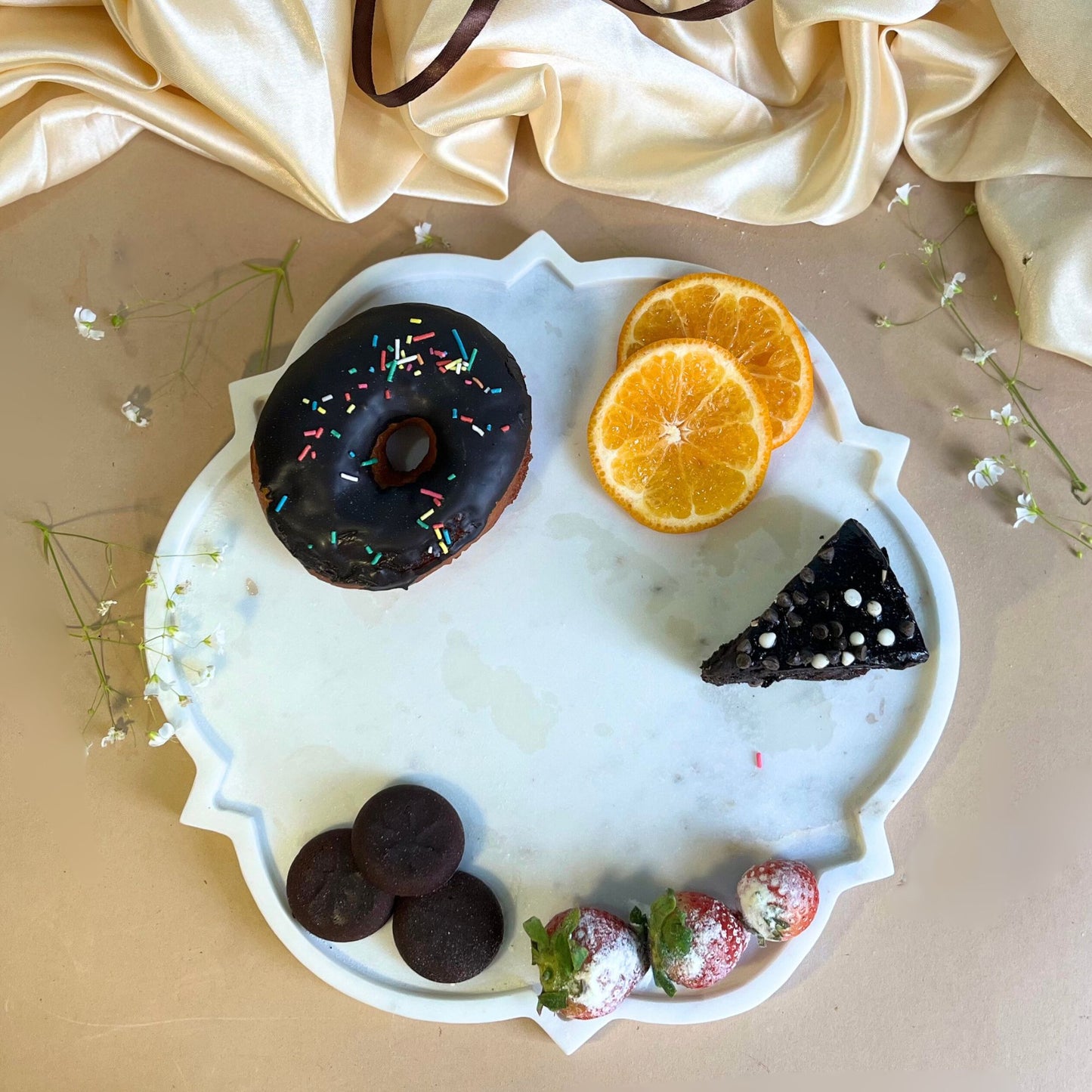 Marble Platter 12 Inches Decorative Floral Shape Platter Fruit Dessert Cup Cake for Birthday Anniversary- White