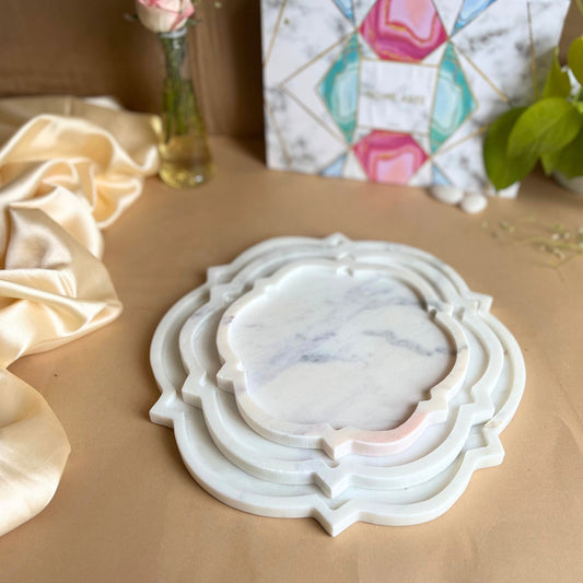 Marble Platter Decorative Floral Shape Platter Set of 3 Fruit Dessert Cup Cake for Birthday Anniversary- White