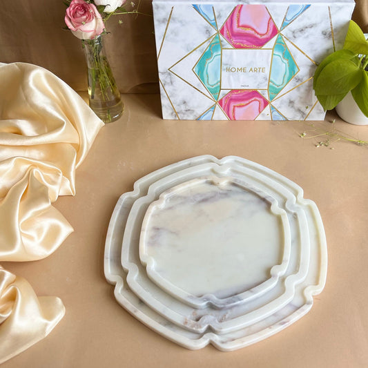 Marble Platter Decorative Hexagon Shape Platter Set of 3 Fruit Dessert Cup Cake for Birthday Anniversary- White