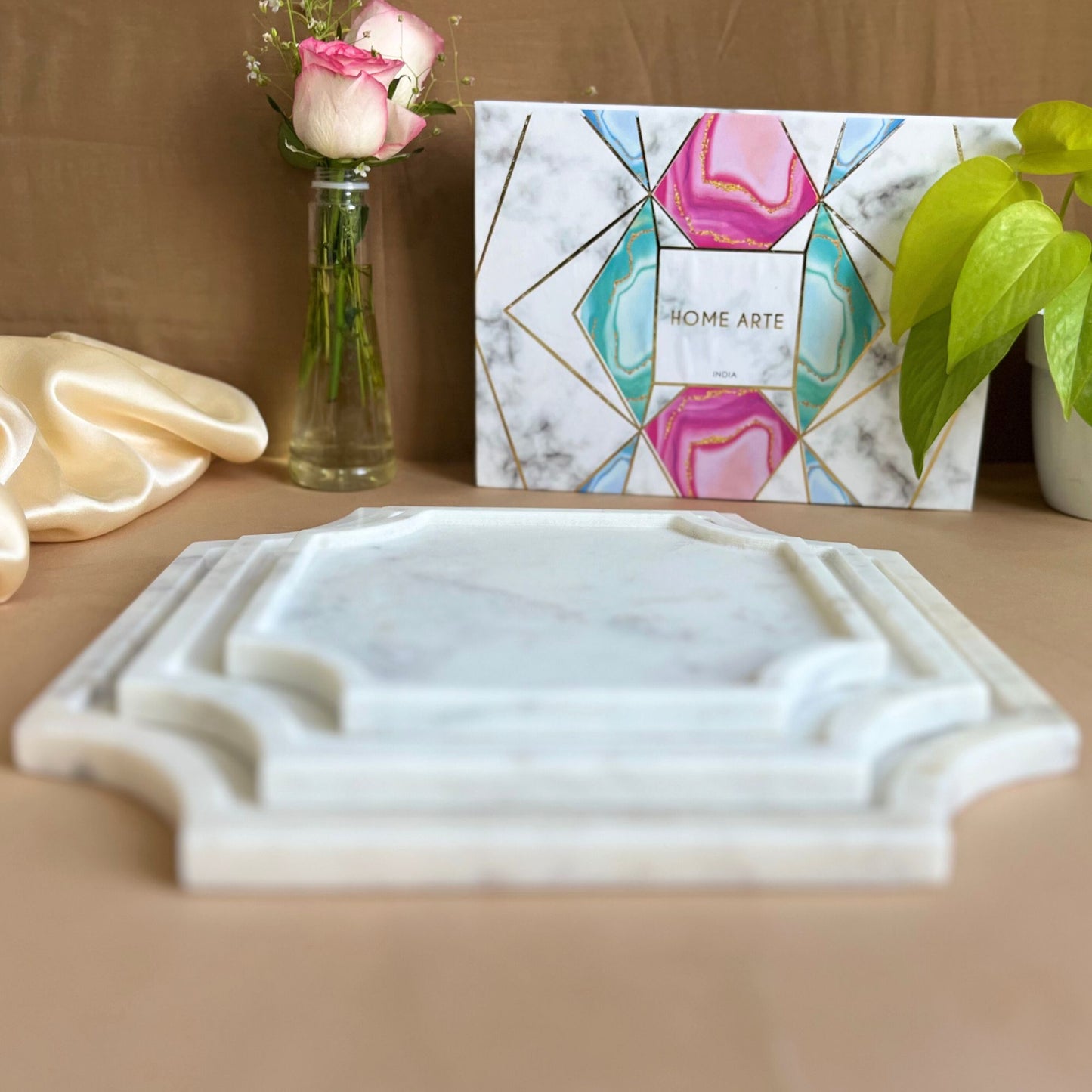 Marble Platter Decorative Octagon Shape Platter Set of 3 Fruit Dessert Cup Cake for Birthday Anniversary- White
