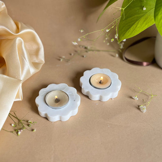 Tea Light Candle Holder Marble Floral Shaped set of 2 Holder Decorative for Table Centerpiece Anniversary Birthday Corporate Giftsset of 2- White
