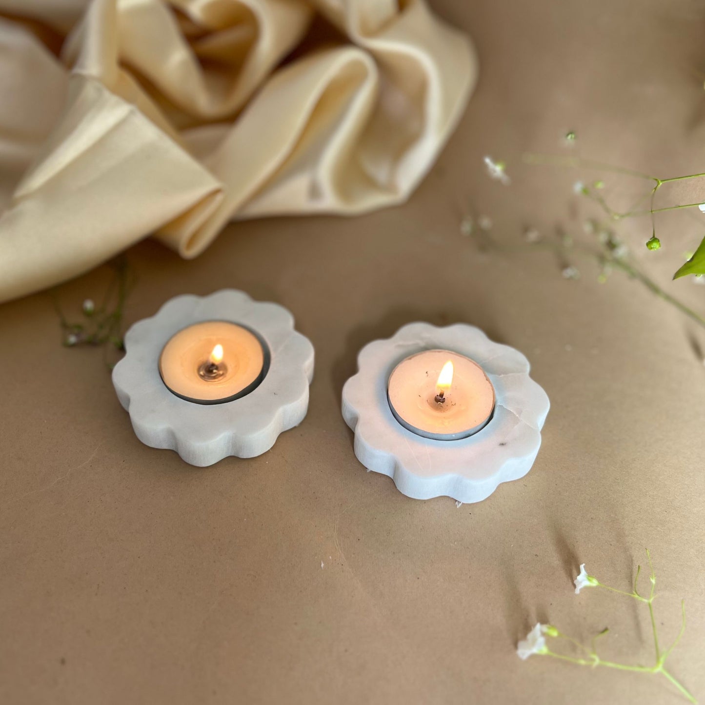 Tea Light Candle Holder Marble Floral Shaped set of 2 Holder Decorative for Table Centerpiece Anniversary Birthday Corporate Giftsset of 2- White