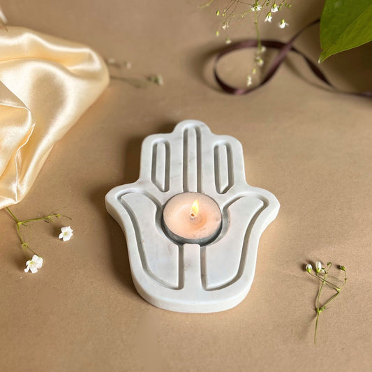 Tea Light Candle Holder Marble Hamsa Shaped Holder Decorative for Table Centerpiece Anniversary Birthday Corporate Gifts- White