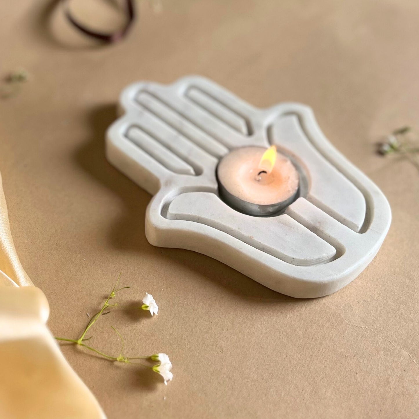 Tea Light Candle Holder Marble Hamsa Shaped Holder Decorative for Table Centerpiece Anniversary Birthday Corporate Gifts- White
