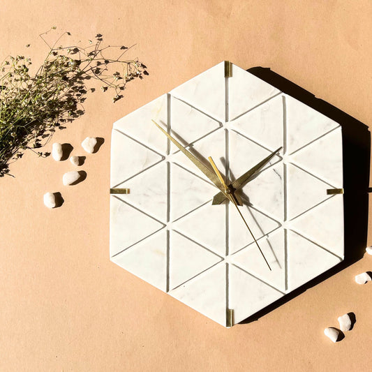 Marble Hexagon Wall Clock Modern Design for Home Living Room Bedroom and Office Silent and Stylish Timepiece for Home Decor- White