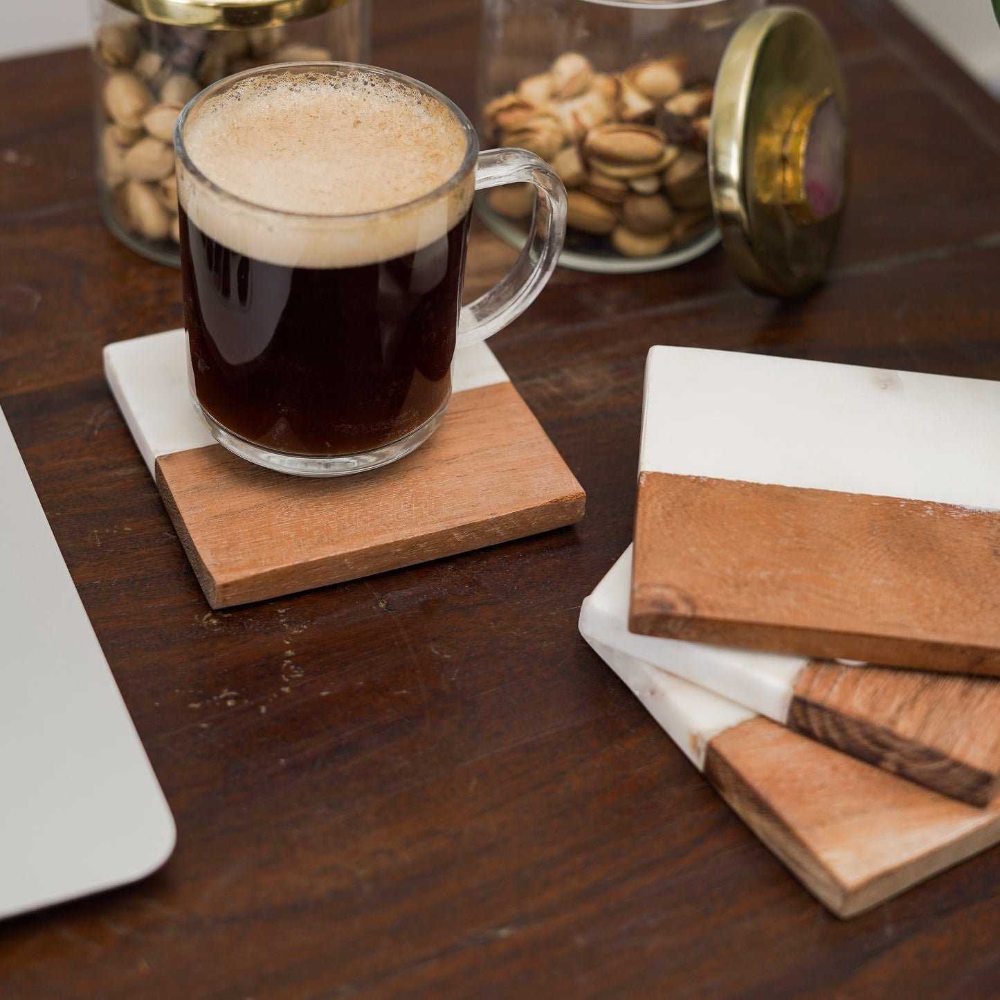 Marble and Wood Coaster Set of 4 for Tea Coffee Cocktail Handmade Marble Coaster for Hot & Cold Drinks Coaster for Dining Table Home and Office Square- White