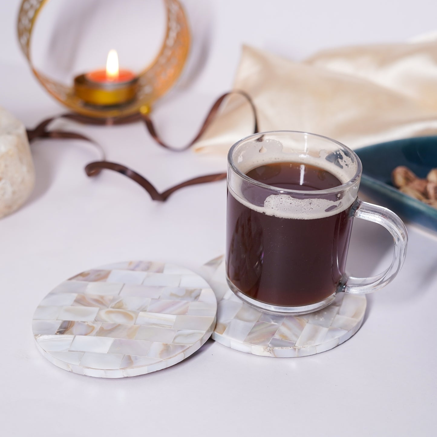Mother of Pearl Coaster Set of 2 for Tea Coffee Cocktail Handmade MOP Coaster for Hot & Cold Drinks Coaster for Dining Table Home and Office Round- Off White