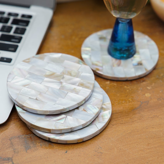 Mother of Pearl Coaster Set of 4 for Tea Coffee Cocktail Handmade MOP Coaster for Hot & Cold Drinks Coaster for Dining Table Home and Office Round- Off White