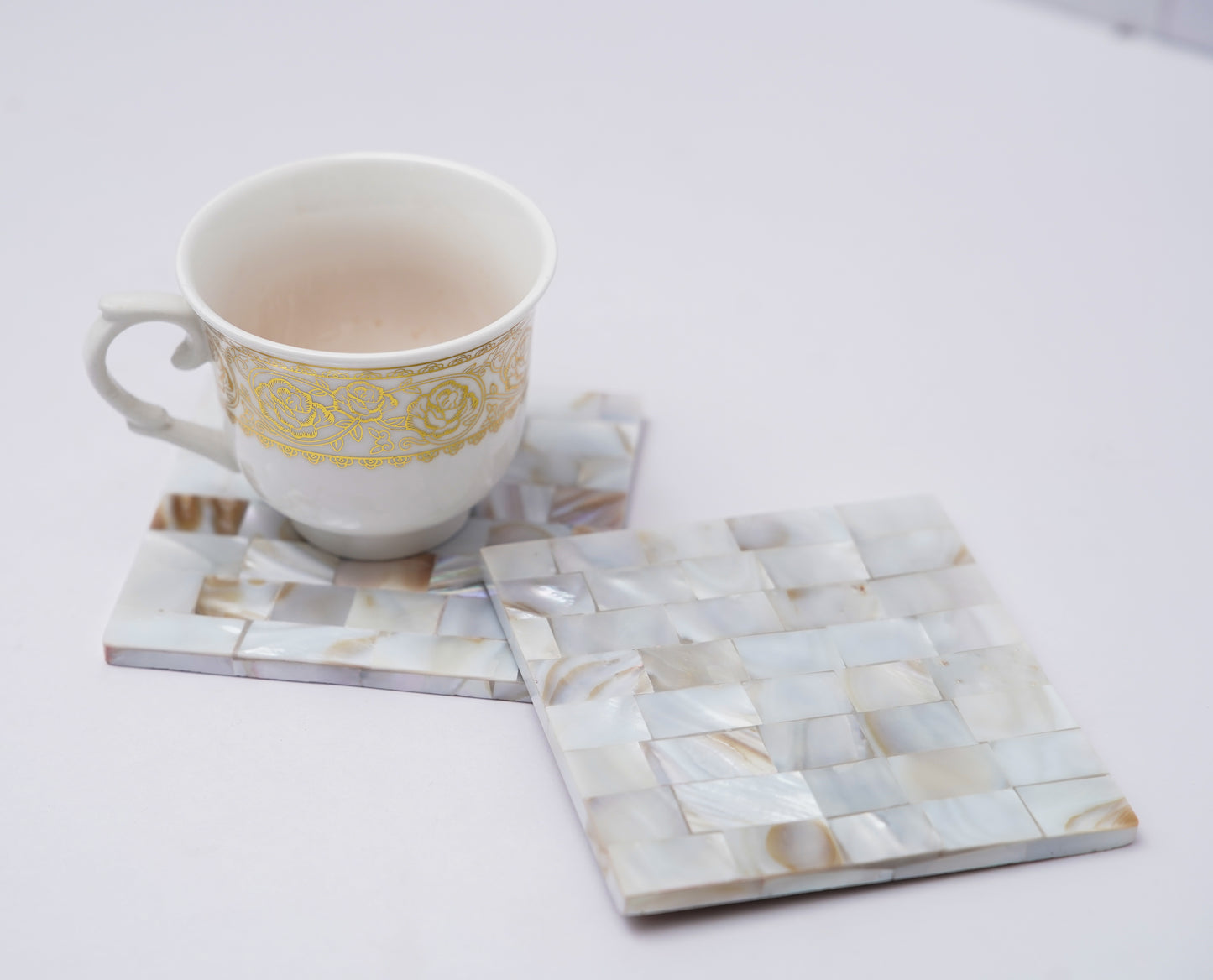 Mother of Pearl Coaster Set of 2 for Tea Coffee Cocktail Handmade MOP Coaster for Hot & Cold Drinks Coaster for Dining Table Home and Office Square- Off White
