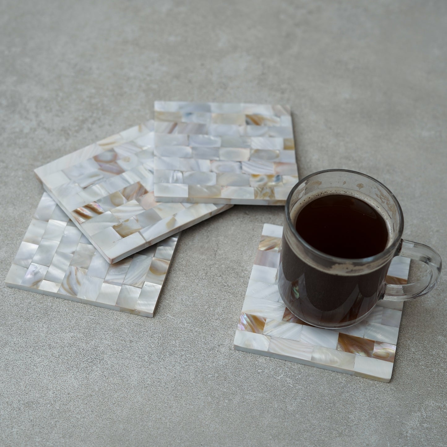Mother of Pearl Coaster Set of 4 for Tea Coffee Cocktail Handmade MOP Coaster for Hot & Cold Drinks Coaster for Dining Table Home and Office Square- Off White