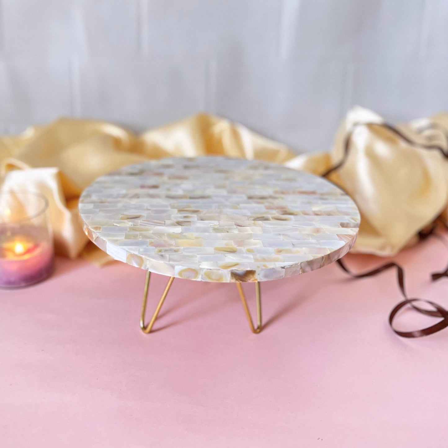 Round Mother Of Pearl Cake Stand with Metal Stand Cupcake Display Stand for Dessert Weddings Birthdays and Multipurpose - White