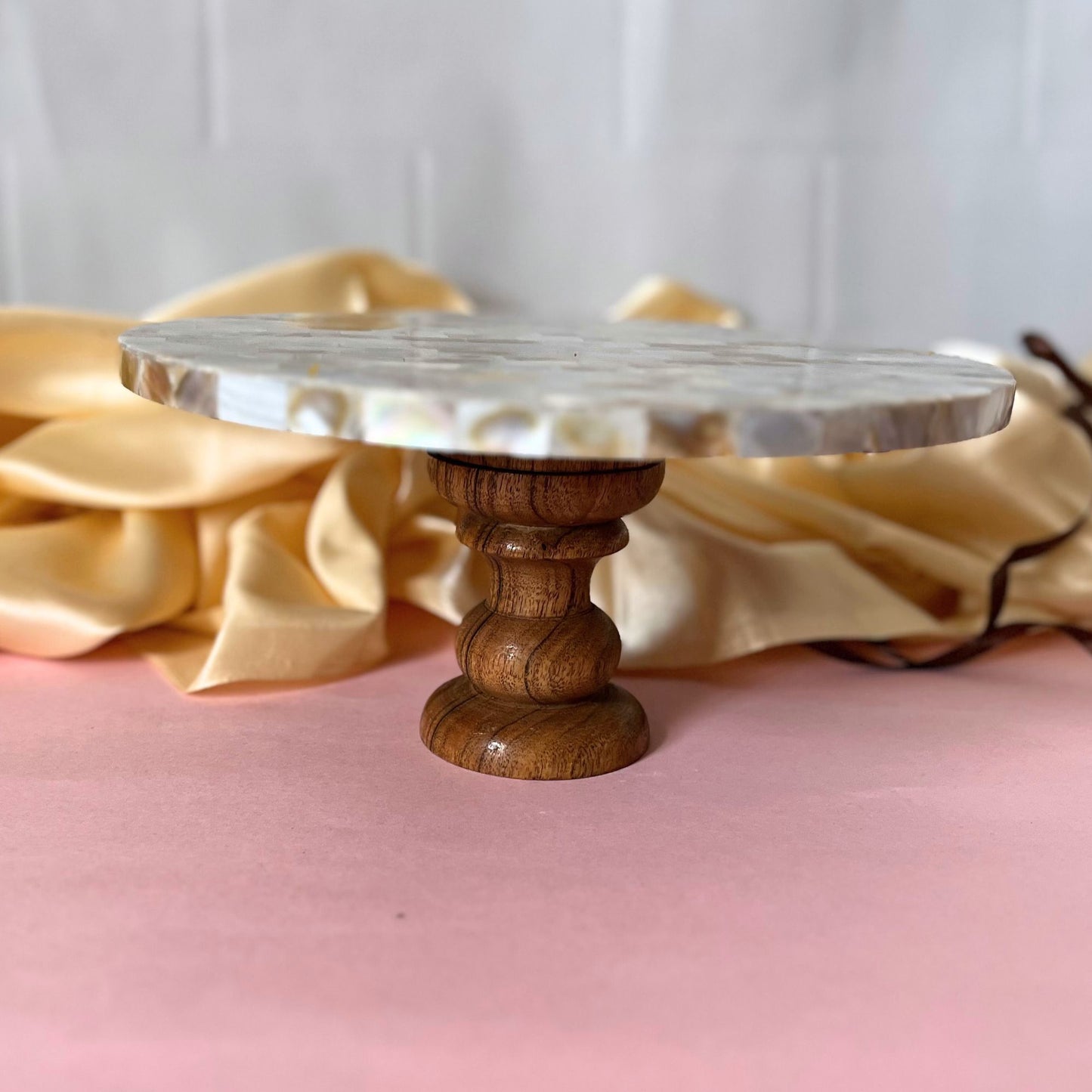 Round Mother Of Pearl Cake Stand with wooden Stand Cupcake Display Stand for Dessert Weddings Birthdays and Multipurpose - White