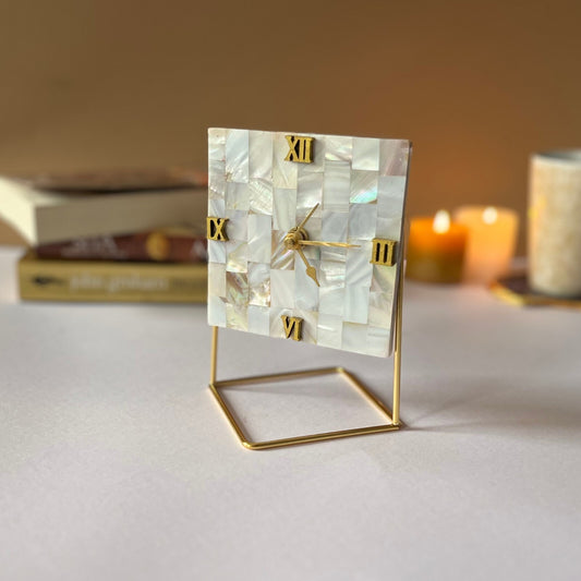 Square Shape Desktop Clock Handmade with Mother of Pearl Unique Home Decor Gift Table Clock for Bedroom Livingroom and Office- Off White