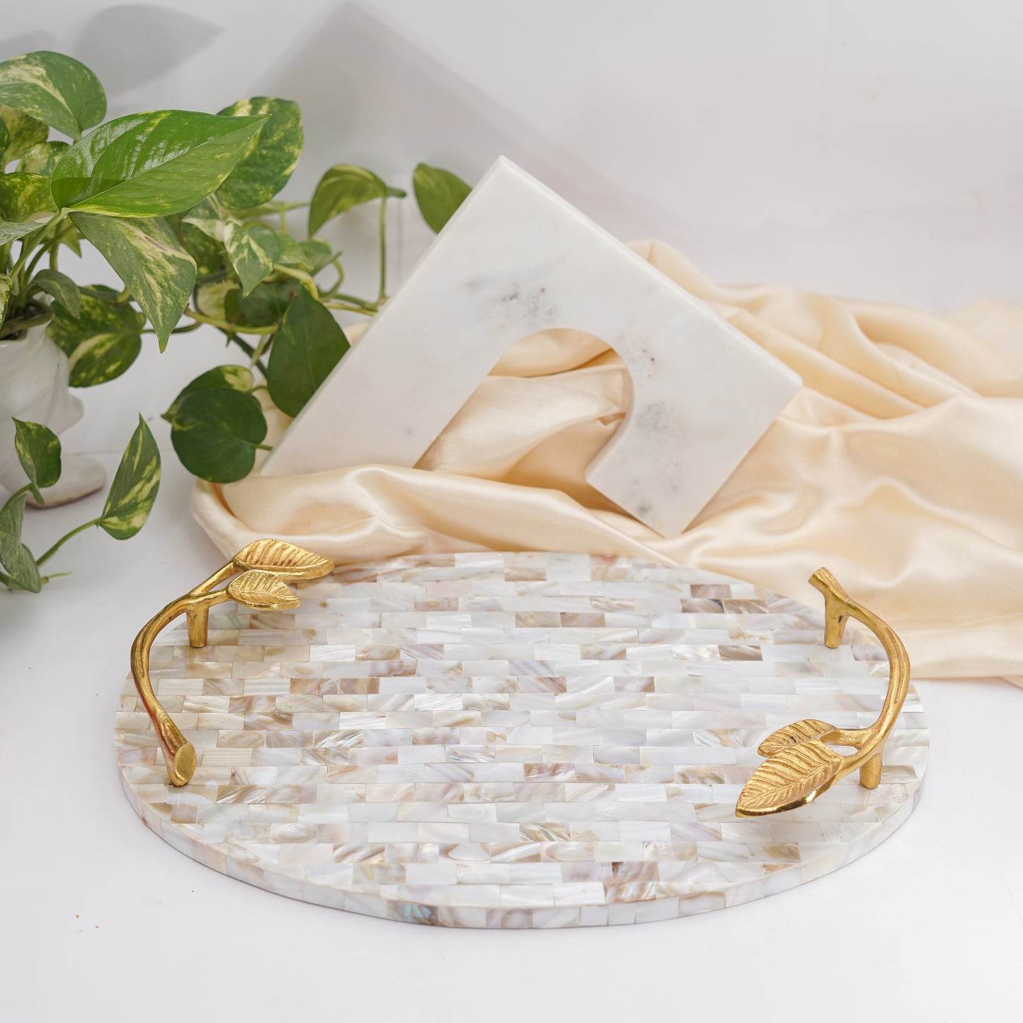 HOMEARTE INDIA Mother of Pearl Serving Tray with Handles for Home & Dining Table, Multipurpose Tray for Home-Off White