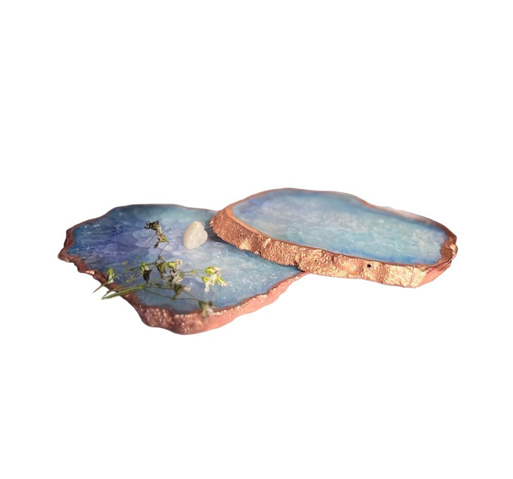 Crystal Agate Stone Rose Gold Plated Coaster Set of 2 Table Coaster for Bar Beer Coffee Tea Drinking Coasters for Dining Table Hot Pots- Blue