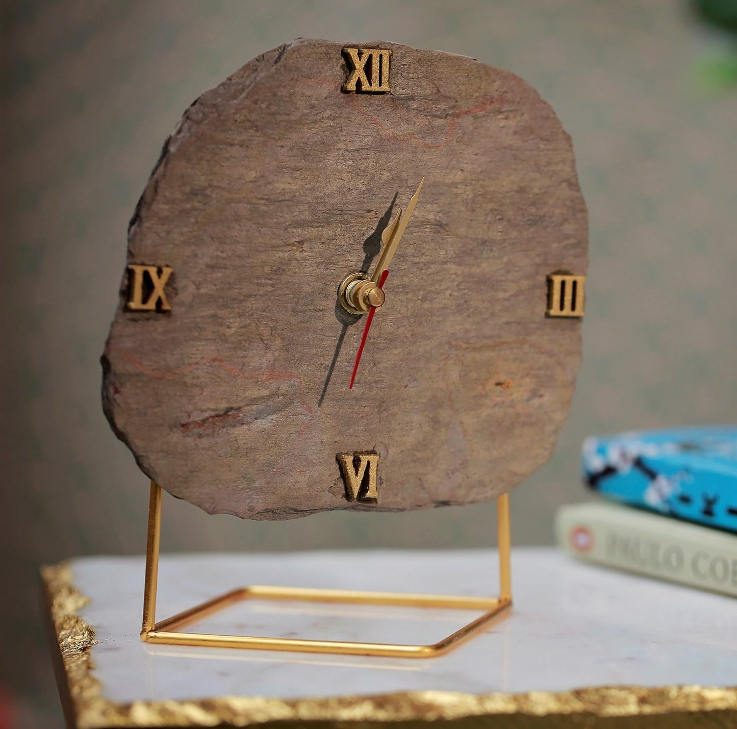 Peacock Slate Desktop Clock with Metal Stand Perfect Table Clock for Home Office Ideal Table decor for Housewarming and Christmas Gifts - Brown