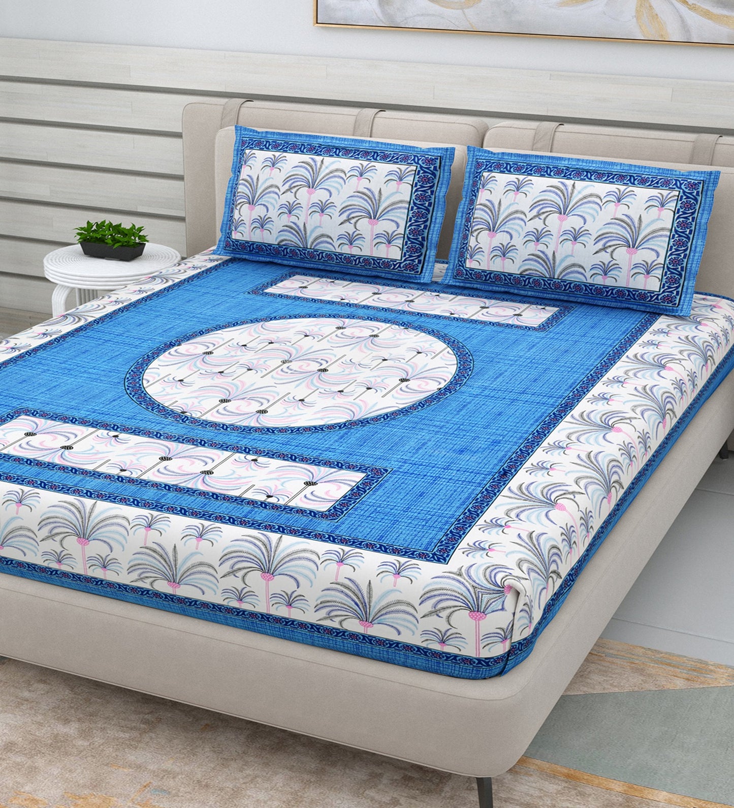 210 TC Super Jaipuri Hand Printed Queen Size Double Bedsheet Made up of 100% Cotton fabric with two pillow covers._46