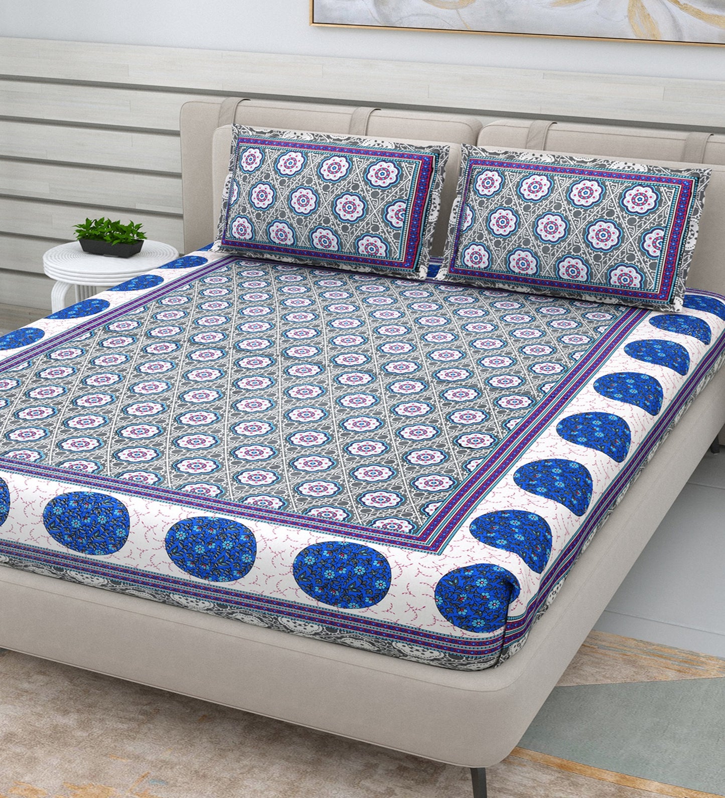 210 TC Super Jaipuri Hand Printed Queen Size Double Bedsheet Made up of 100% Cotton fabric with two pillow covers._52