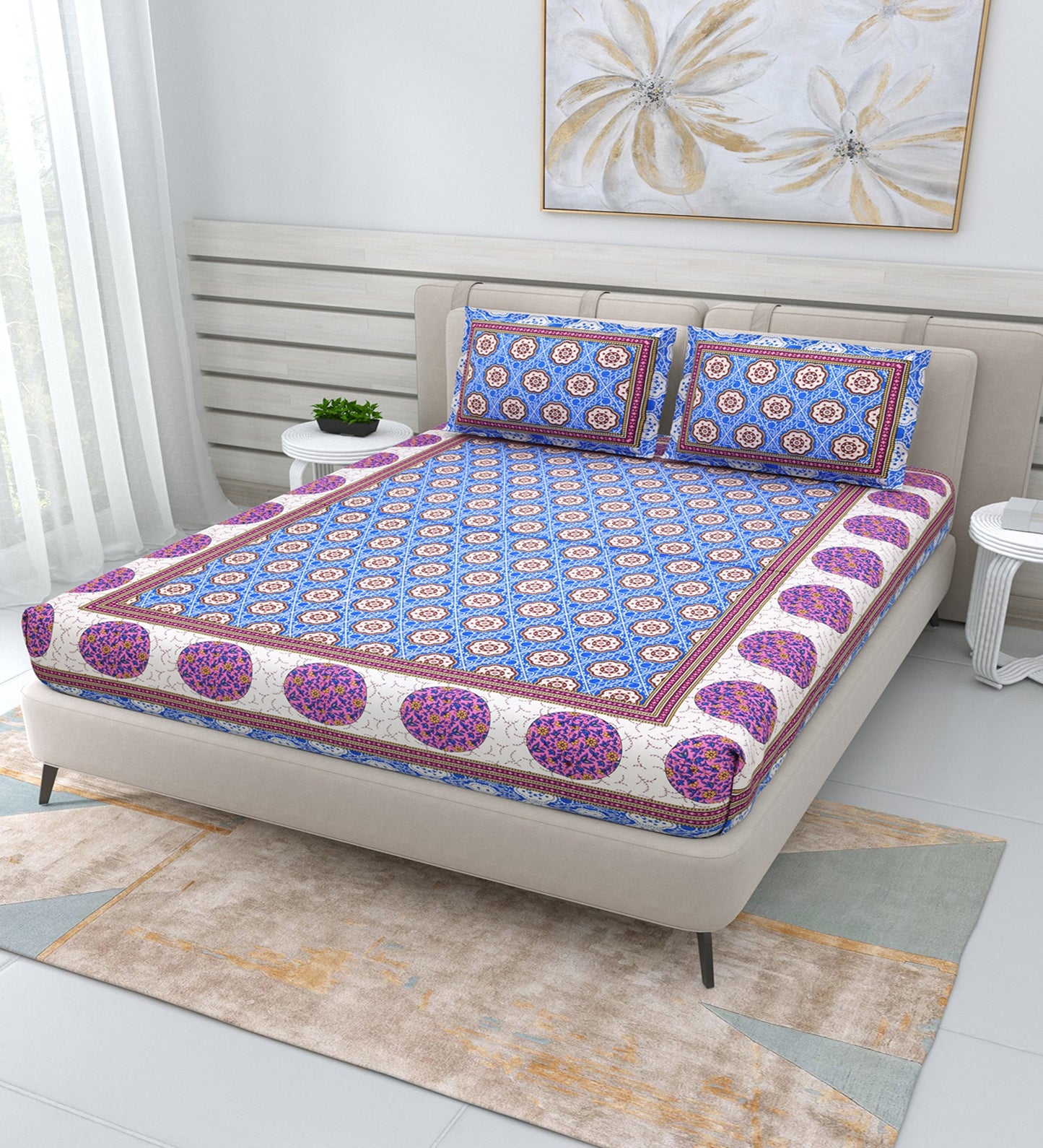 210 TC Super Jaipuri Hand Printed Queen Size Double Bedsheet Made up of 100% Cotton fabric with two pillow covers._54