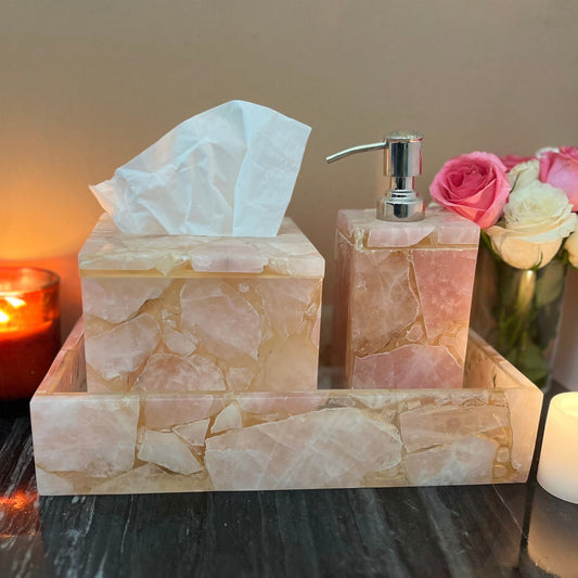 Rose Quartz Bathroom Vanity Set Set of 3 Tray, Tissue Holder and Soap Dispenser- Pink