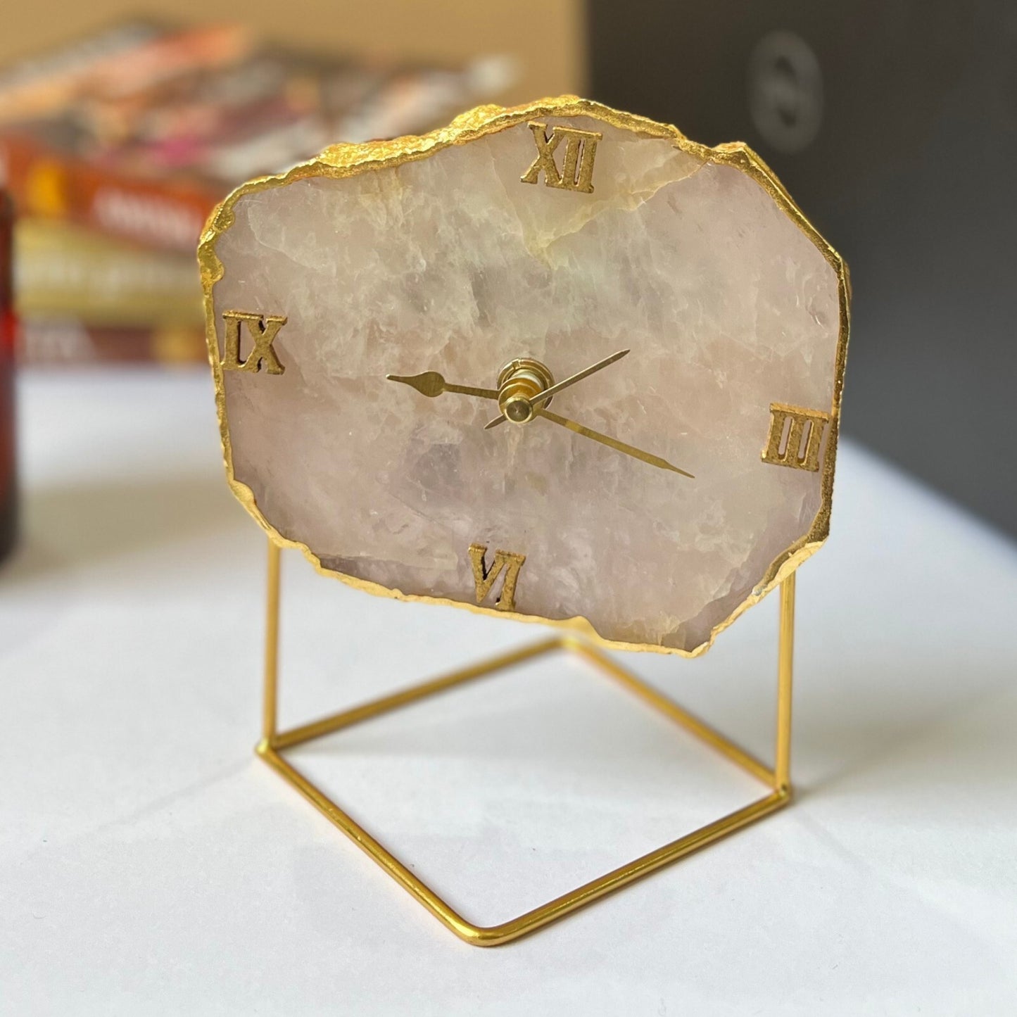 Rose Quartz Desktop Clock with Metal Stand Unique Style Table Clock for Office Home Decor Handmade Items Wedding Gift Bedroom Living Room- Pink