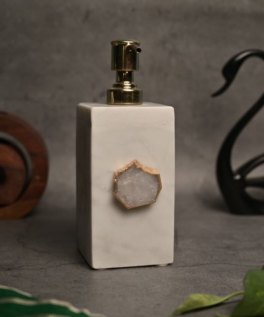 Refillable Marble Soap Dispenser with Agate Handmade Liquid Gel Shampoo Lotion Bottle with Pump for Bathroom Wash Basin- White
