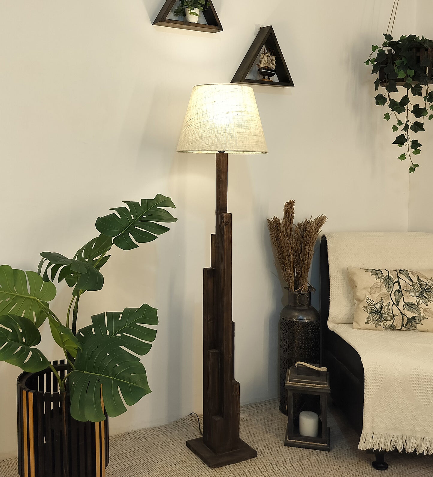 Skyline Wooden Floor Lamp with Brown Base and Yellow Printed Fabric Lampshade