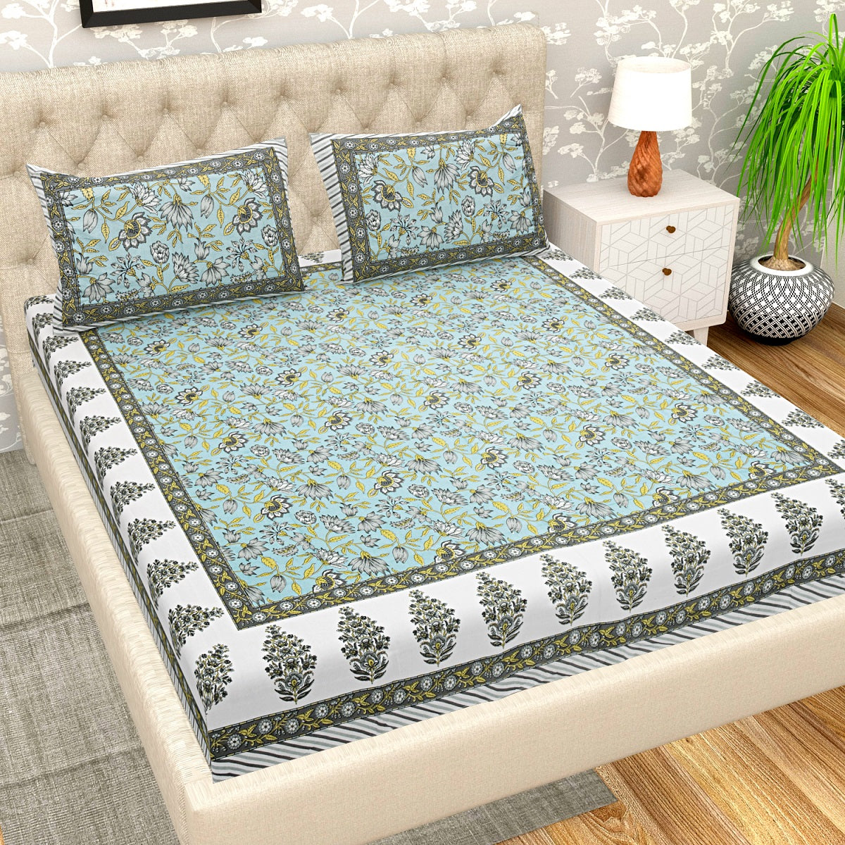 330 TC Inspiring Interiors Jaipuri Hand Printed Super King Size Double Bedsheet Made up of 100% Cotton fabric with two pillow covers._15
