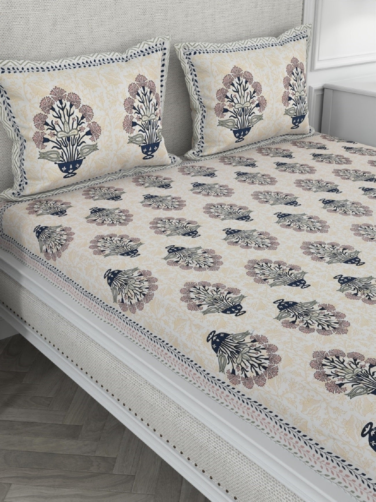 330 TC Inspiring Interiors Jaipuri Hand Printed Super King Size Double Bedsheet Made up of 100% Cotton fabric with two pillow covers._27