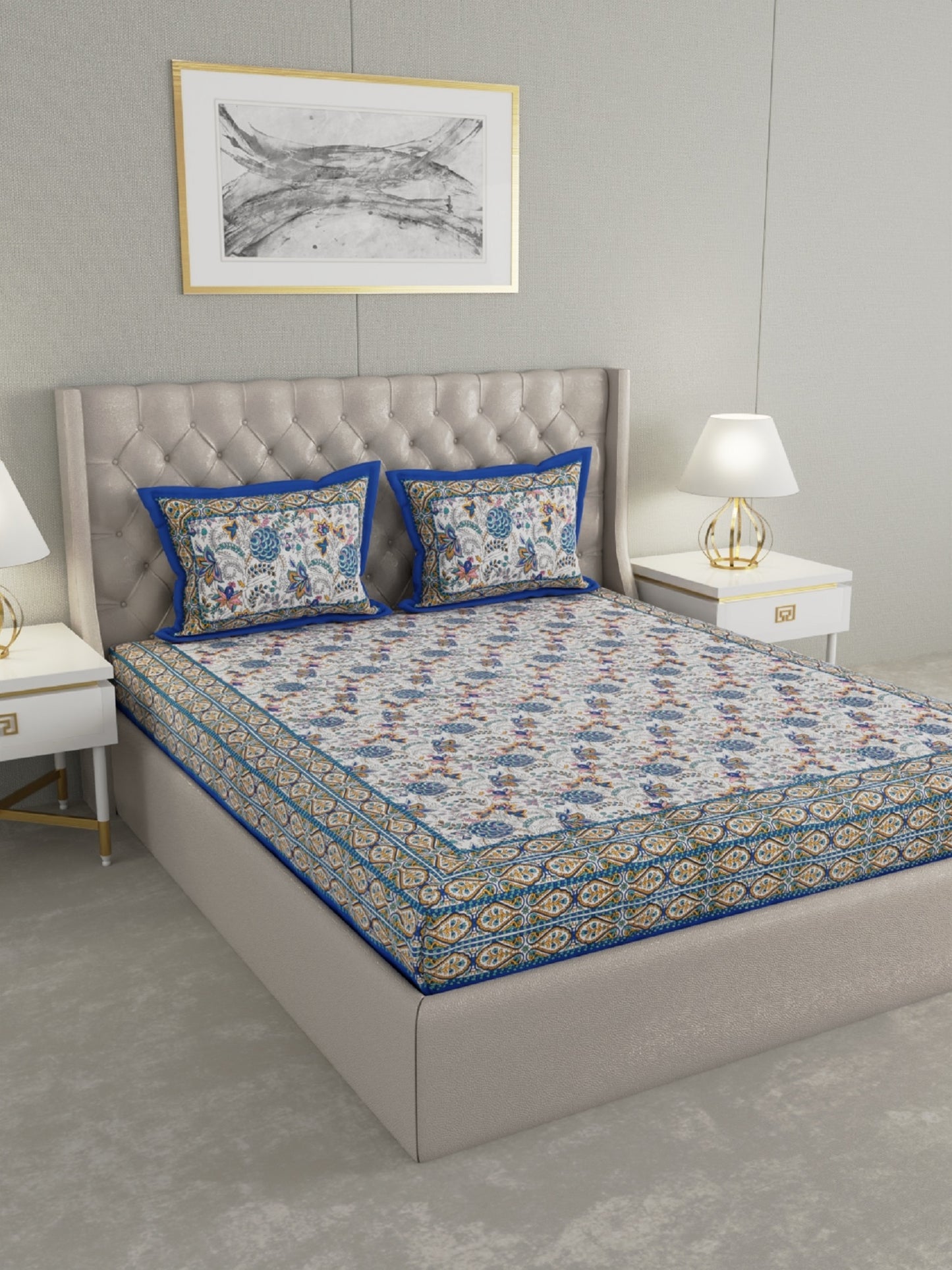 600 TC Super Jaipuri design king size double bedsheet Made up of 100% Cotton fabric with two pillow covers._42