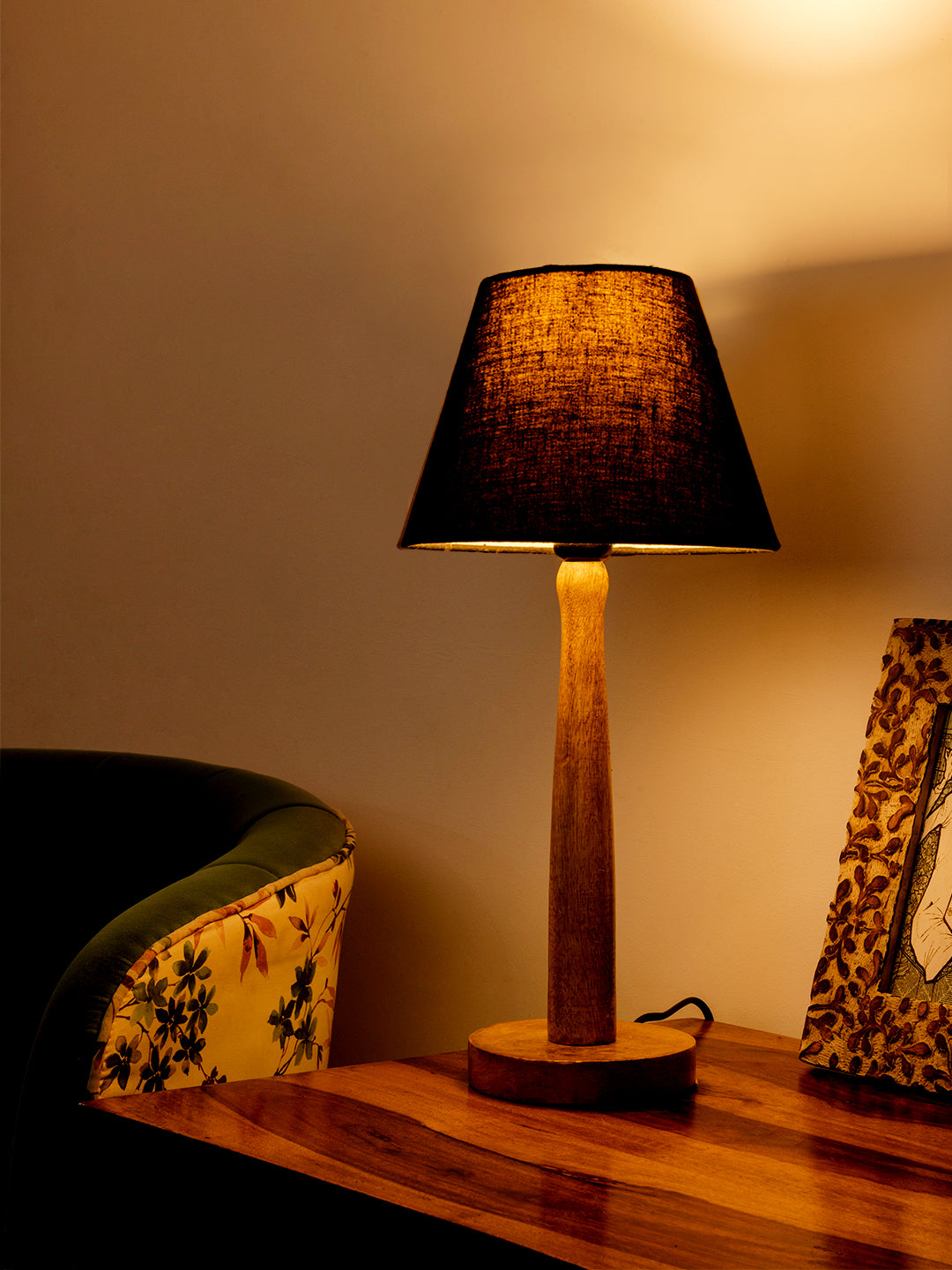 Wooden Brown Lamp with Taper Black Cotton Shade