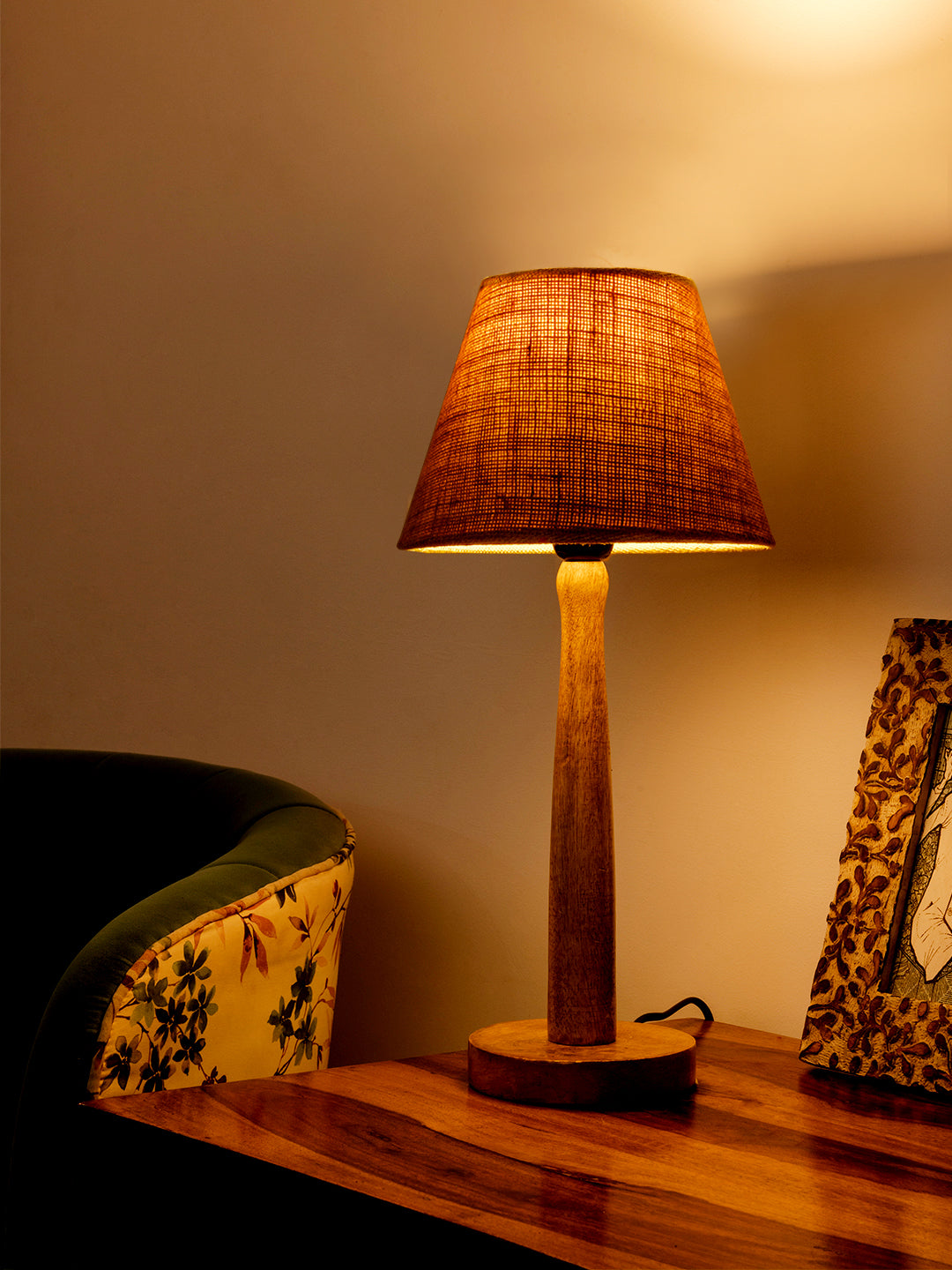 Wooden Brown Lamp with Taper Brown Jute Shade