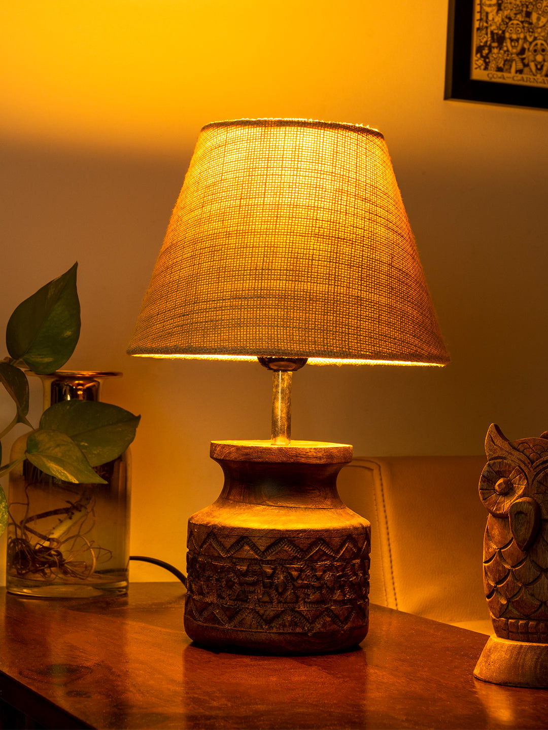 Wooden Carved Lamp with Taper Jute White Shade