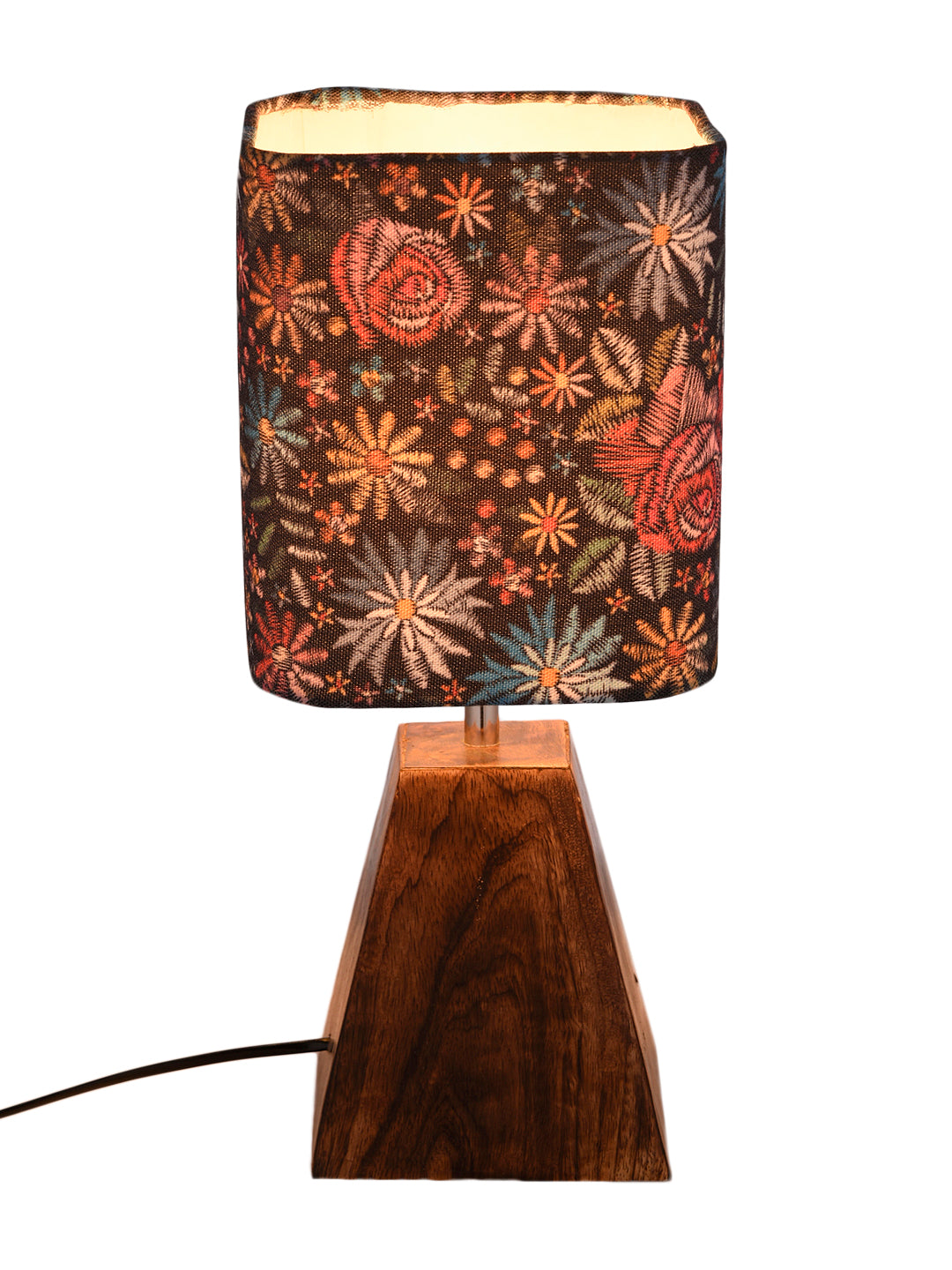 Wooden Pyramid Lamp with Black Floral Stich Lamp Shade